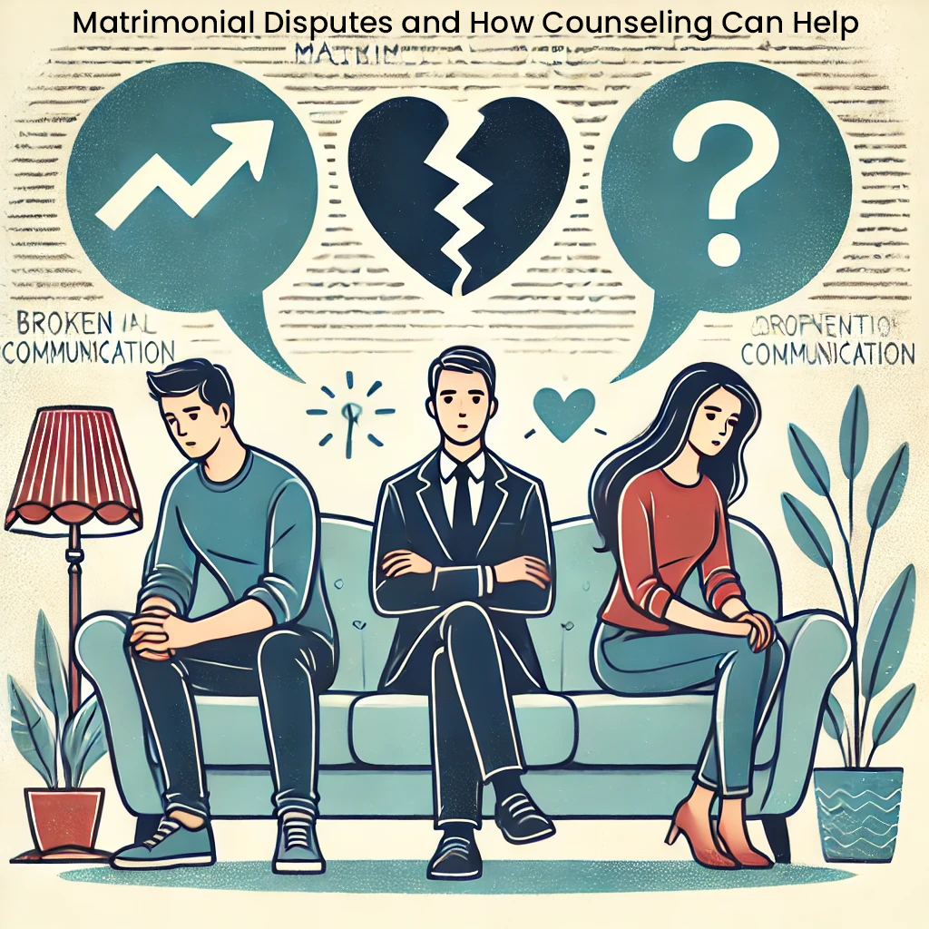 Illustration showing how counseling helps resolve communication gaps in matrimonial disputes. A couple sits apart, with a counselor mediating, symbolizing the positive impact of counseling on rebuilding relationships and preventing legal conflicts.